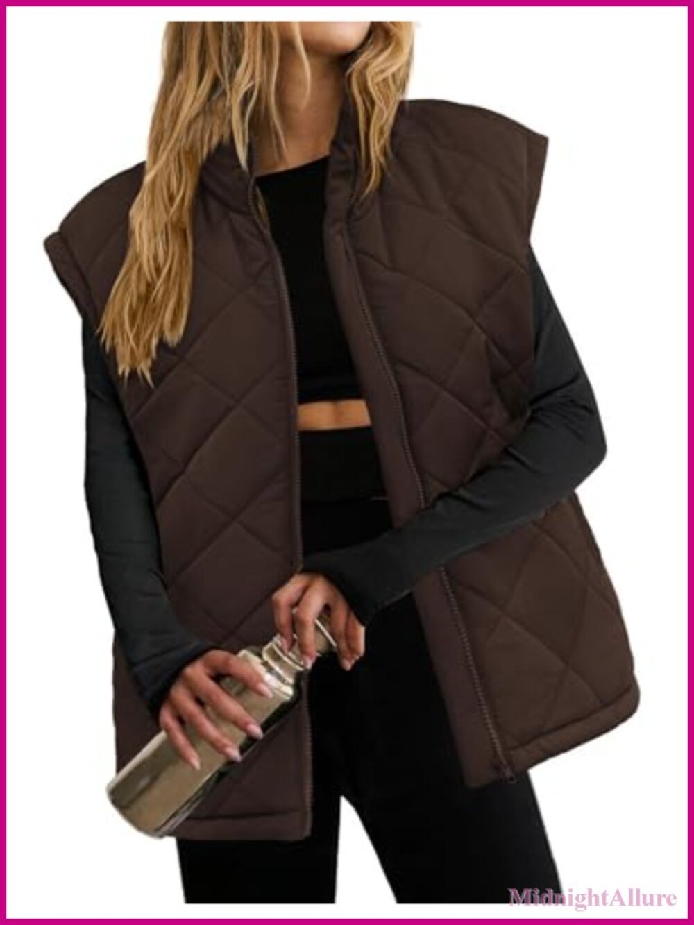 Oversized Quilted Puffer Vest Zip Up Stand Collar Lightweight Sleeveless Winter